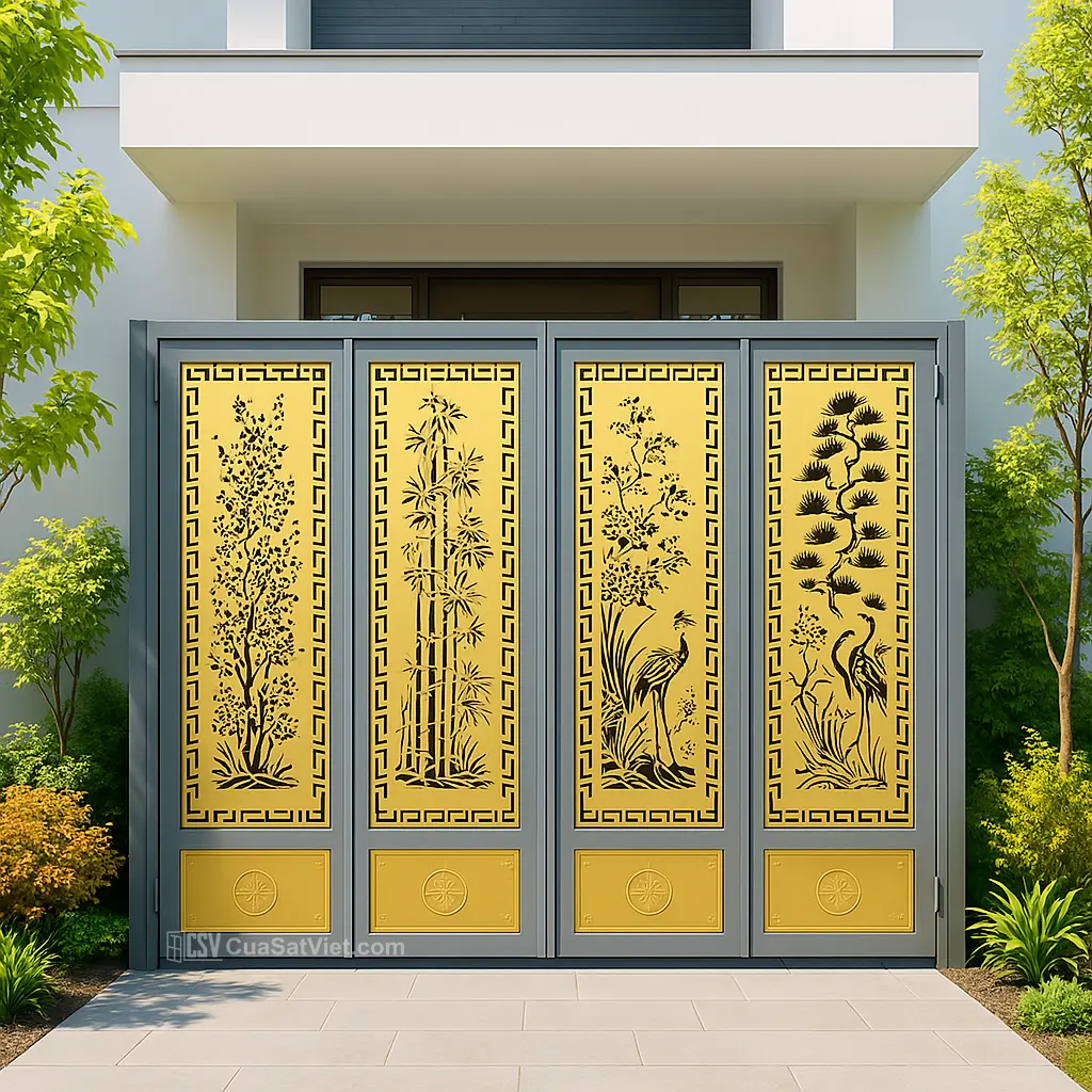 Cửa cổng cửa sắt 4 cánh đẹp 2 lớp có màu sắc trang nhã và kiểu dáng khỏe khoắn