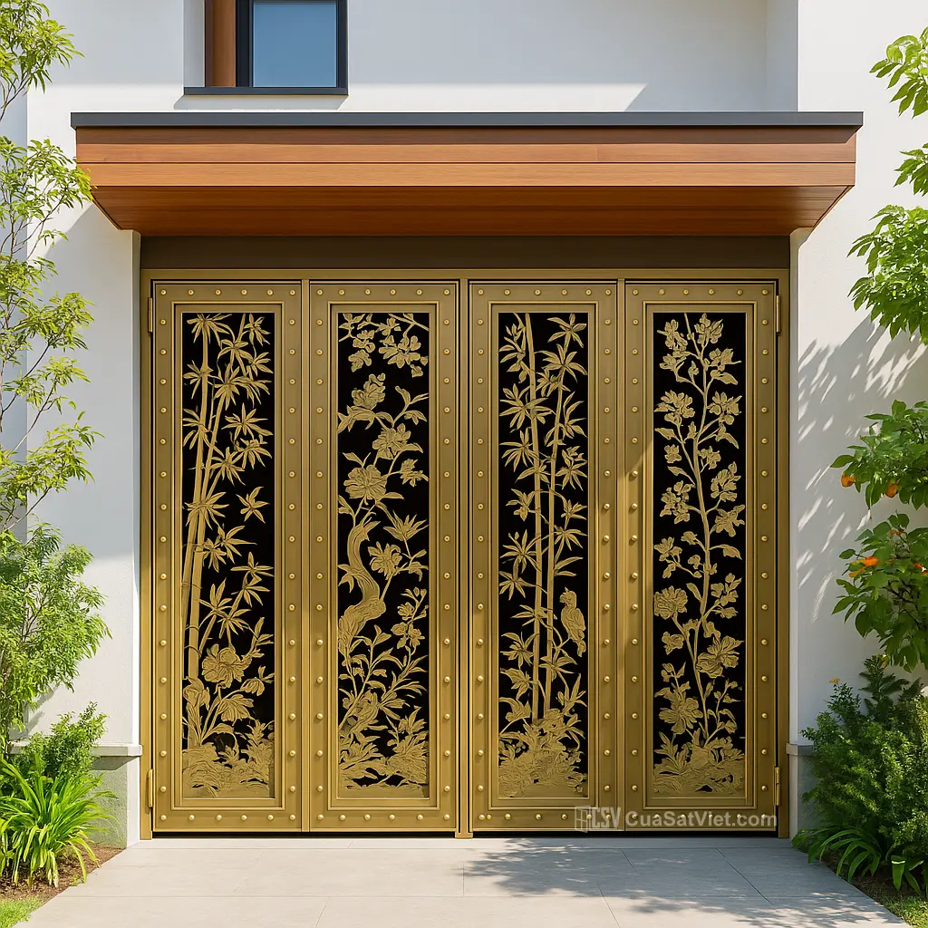 Cửa cổng cửa sắt 4 cánh đẹp 4 cánh lệch kết hợp giữa thẩm mỹ và độ bền cao