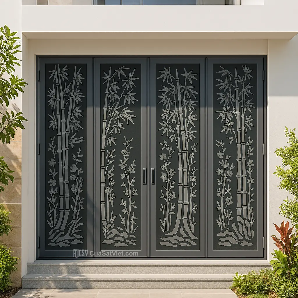 Thiết kế cửa sắt 4 cánh đẹp sơn vàng đồng có màu sắc trang nhã và kiểu dáng khỏe khoắn