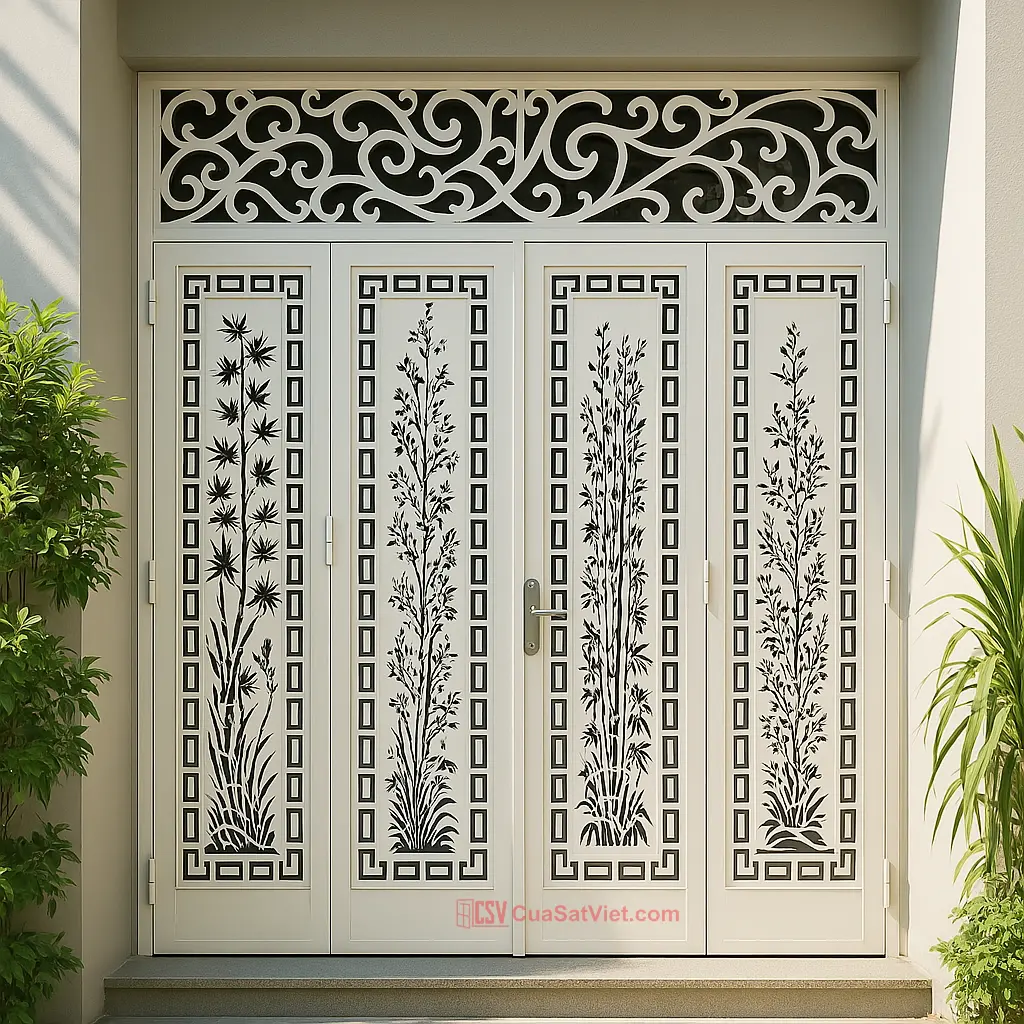Mẫu cửa sắt 4 cánh đẹp cổ điển có chi tiết hoa văn tinh xảo và chắc chắn