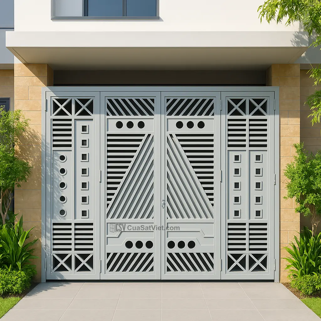Cửa sắt 4 cánh mặt tiền giả gỗ nổi bật nhờ màu sắc ấm áp và thân thiện
