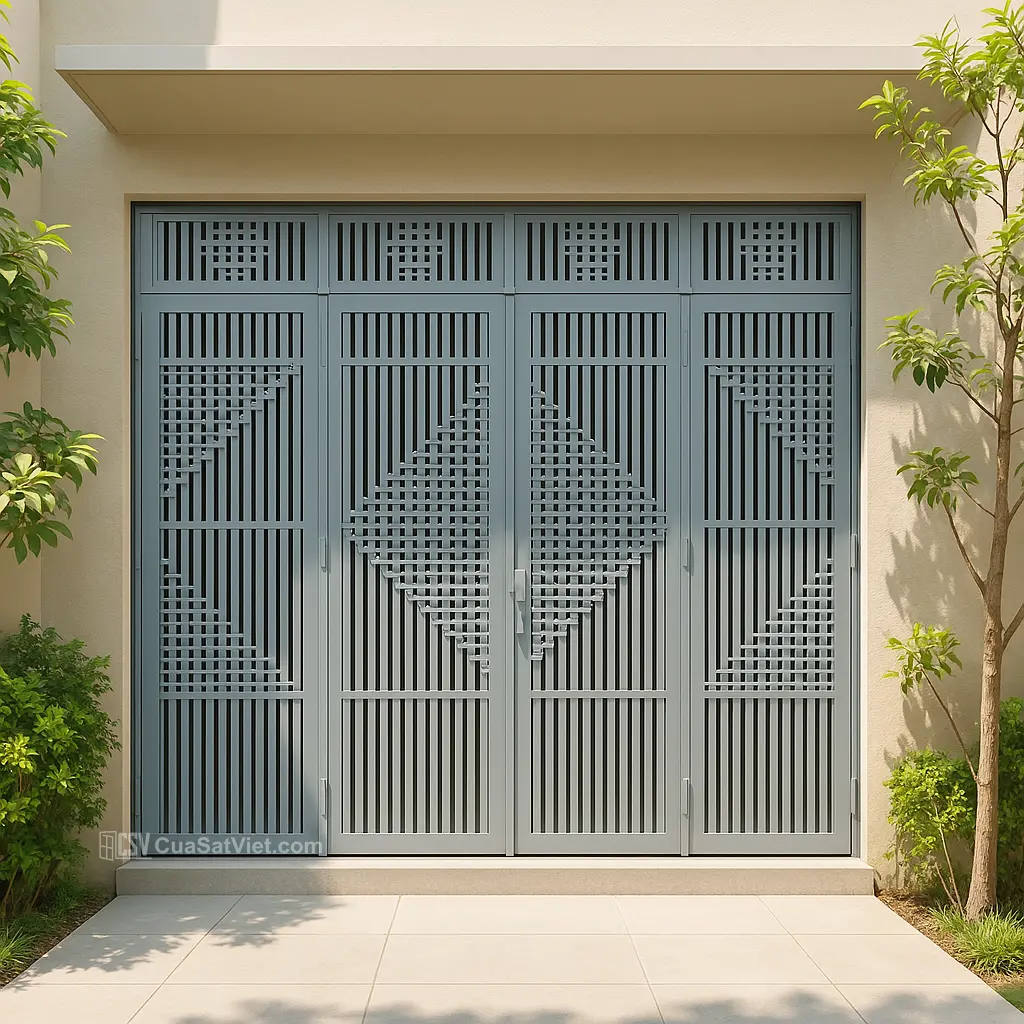 Cửa sắt 4 cánh đơn giản có kính giúp tăng ánh sáng và giữ không gian luôn thoáng