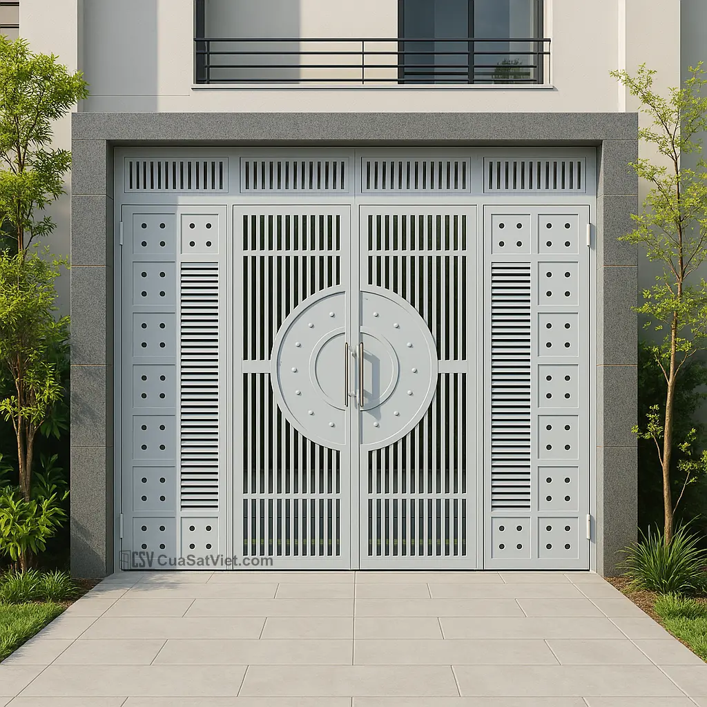 Cửa cổng cửa sắt 4 cánh đẹp sơn vàng đồng đáp ứng cả yếu tố thẩm mỹ và công năng sử dụng