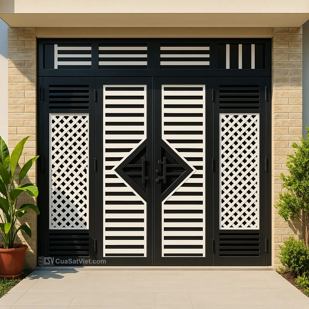 Thiết kế cửa sắt 4 cánh đẹp kiểu mái vòm có chi tiết hoa văn tinh xảo và chắc chắn