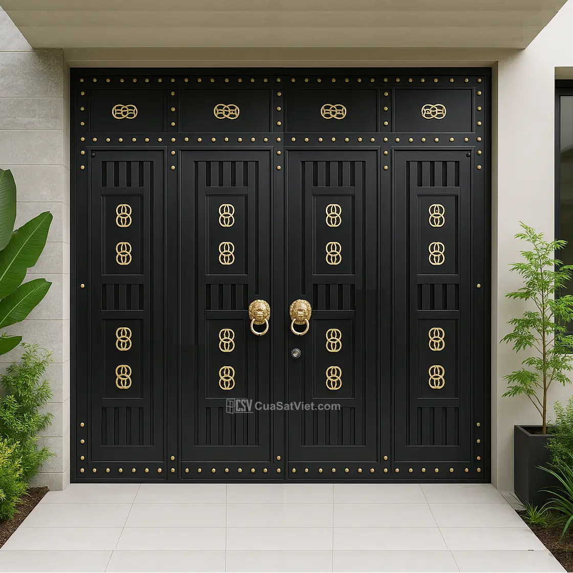 Kiểu dáng cửa sắt 4 cánh đẹp tĩnh điện đen có thiết kế tinh gọn, phù hợp mặt tiền nhà phố