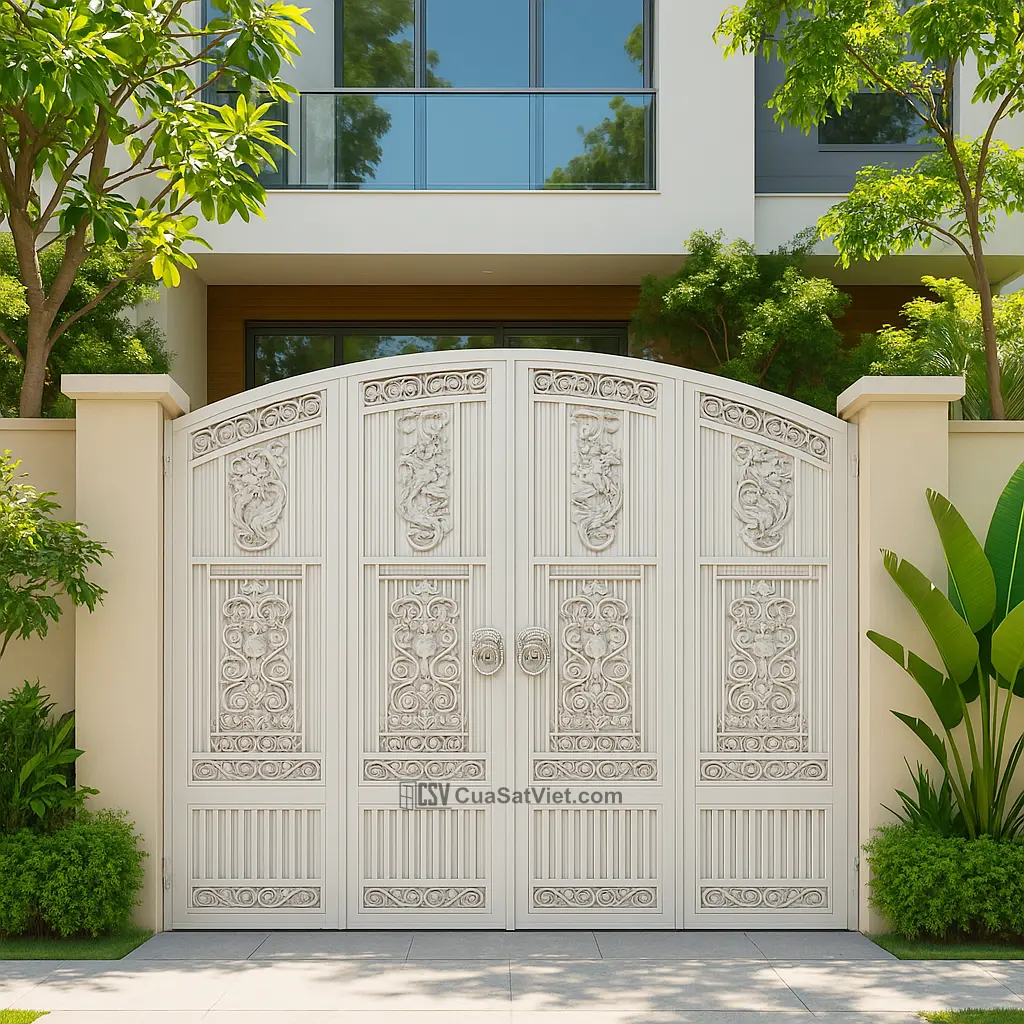Tôn lên vẻ đẹp ngoại thất với mẫu cửa cổng sắt 4 cánh lắp kèm cửa gỗ cắt CNC sắc sảo