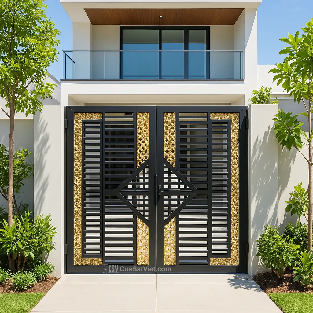 Kiểu mẫu cửa cổng sắt 4 cánh mạ kẽm này mang lại vẻ sang trọng cho mặt tiền