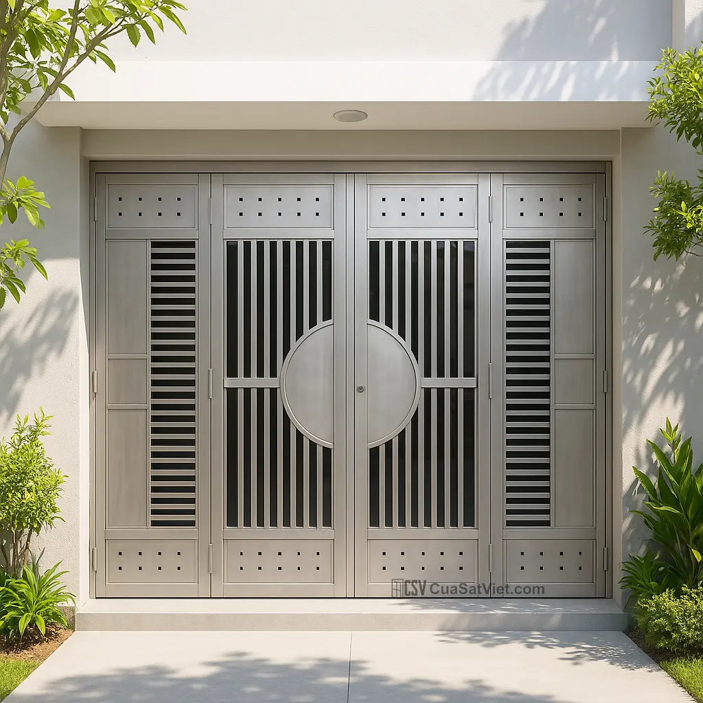 Phần ô thoáng từ cửa sắt 4 cánh đơn giản giúp lưu thông không khí hiệu quả hơn