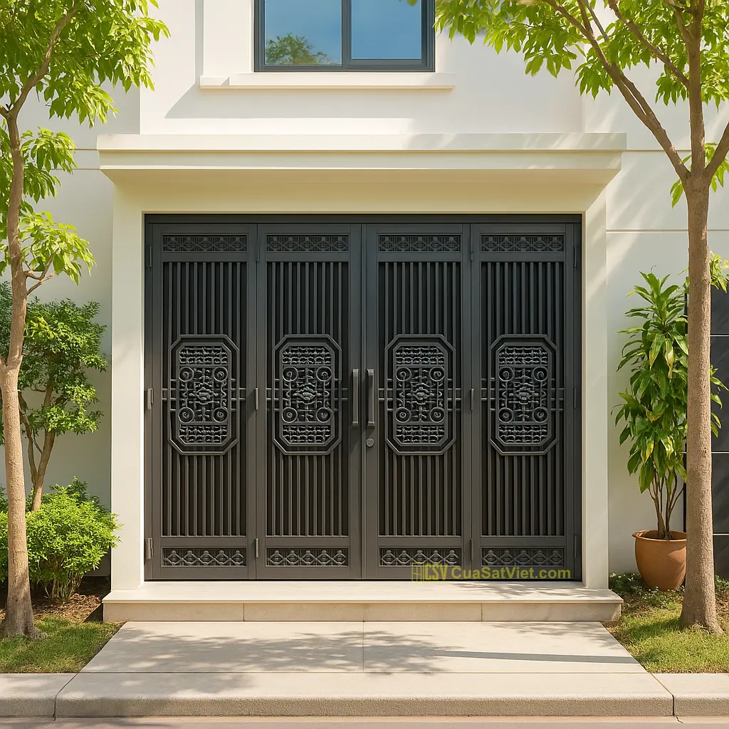 Sản phẩm mẫu cửa cổng sắt 4 cánh sắt nguyên khối phù hợp nhà phố và biệt thự hiện đại