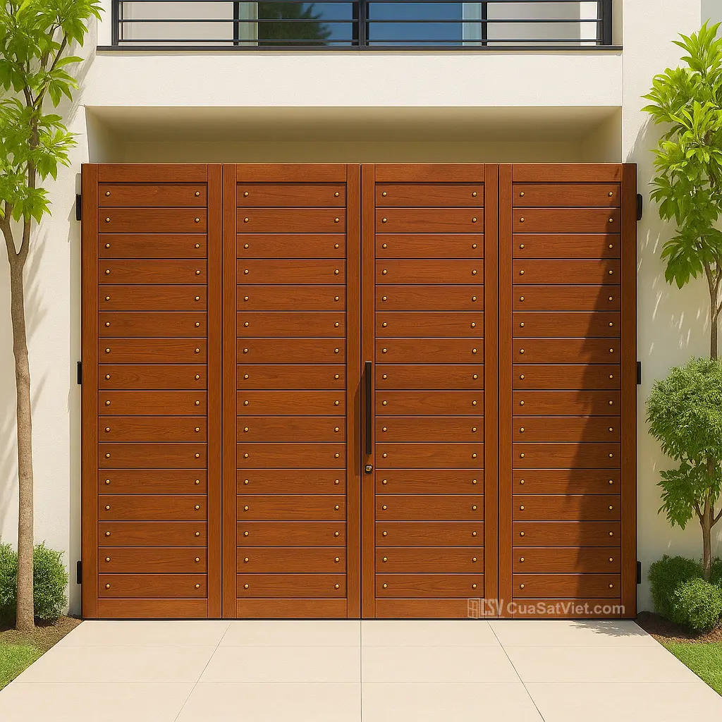 Thiết kế phong cách Hàn của cửa sắt 4 cánh giả gỗ nhẹ nhàng, thanh lịch
