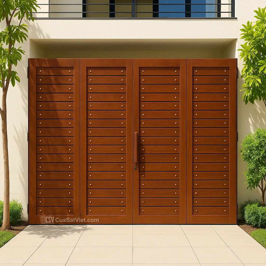 Cửa sắt 4 cánh giả gỗ kiểu Nhật tối giản, tinh tế, tiết chế chi tiết