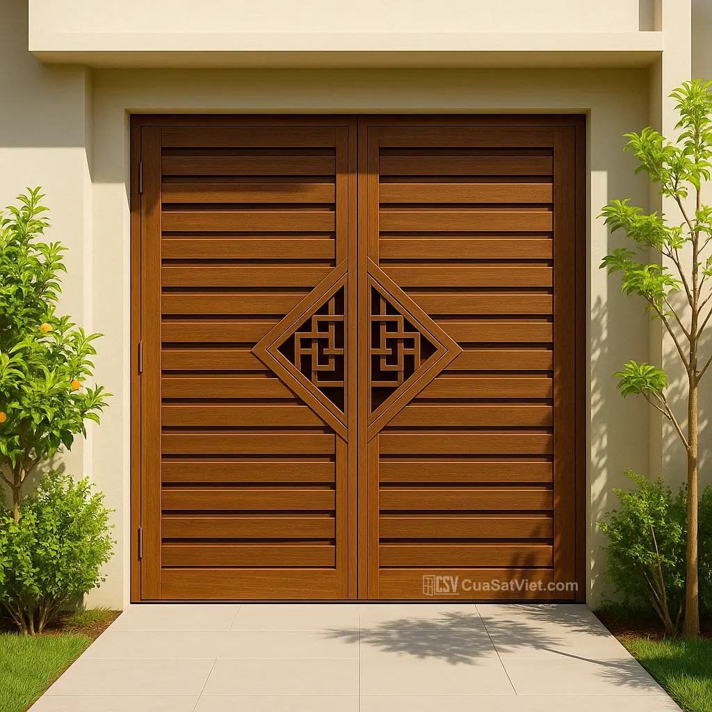 Cửa sắt 4 cánh giả gỗ mẫu mới 2025 tích hợp nhiều tiện ích hiện đại và bền đẹp