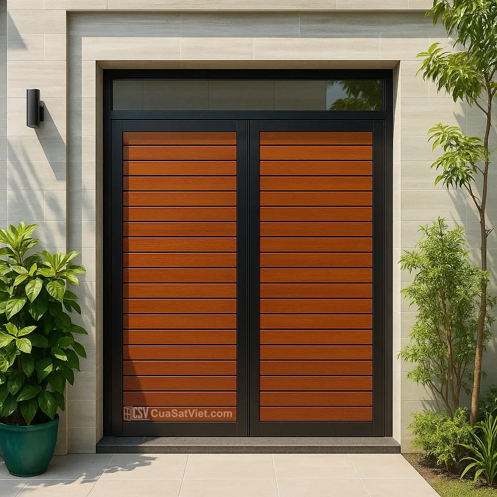 Mẫu cửa cổng sắt giả gỗ dễ vệ sinh thiết kế hiện đại, phù hợp không gian sống