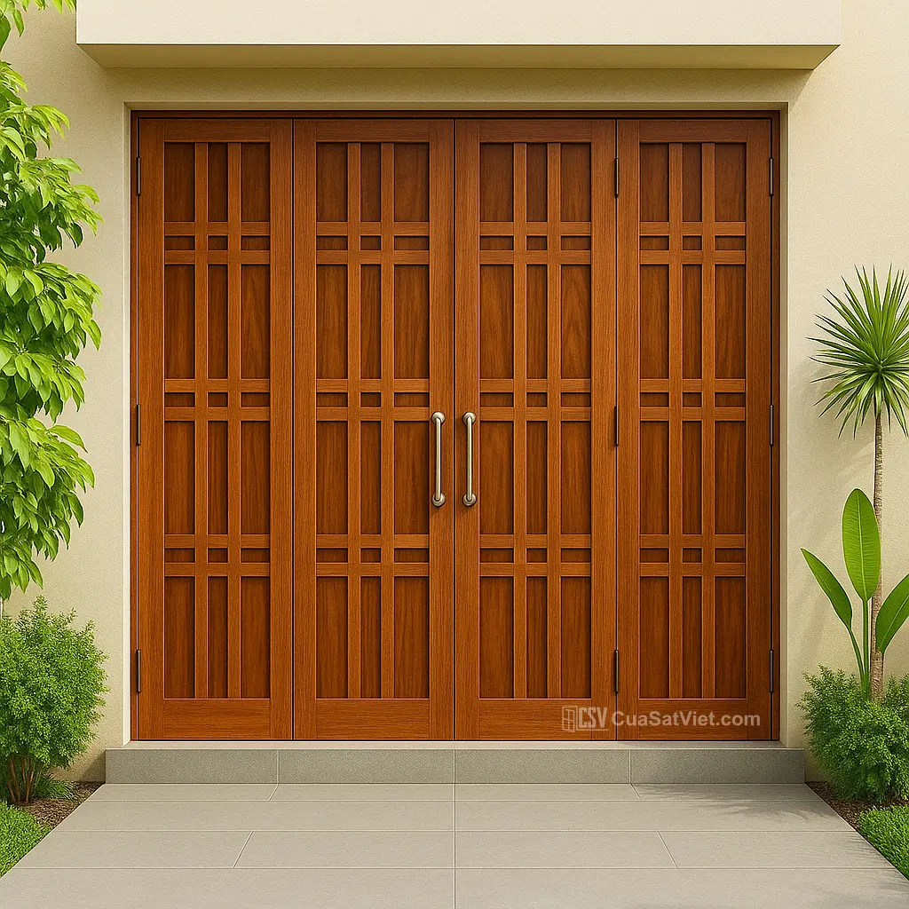 Cửa sắt 4 cánh giả gỗ chống trộm có khung chắc chắn và khóa an toàn cao