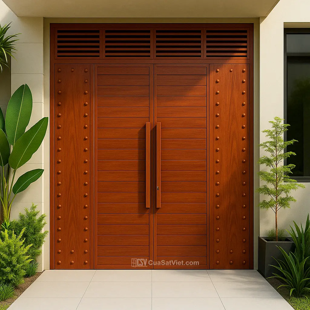 Bề mặt cửa sắt 4 cánh giả gỗ bền màu dù tiếp xúc nắng mưa thường xuyên