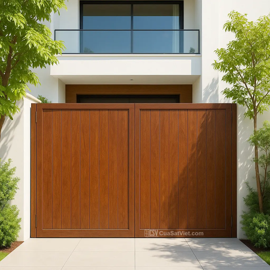 Lắp đặt mẫu cửa cổng sắt giả gỗ kết hợp kính mờ giúp ngôi nhà thêm phần đẳng cấp