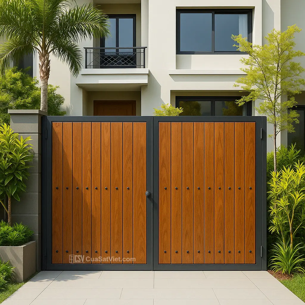 Cửa sắt 4 cánh giả gỗ khung vuông mang lại cảm giác chắc chắn và cân đối