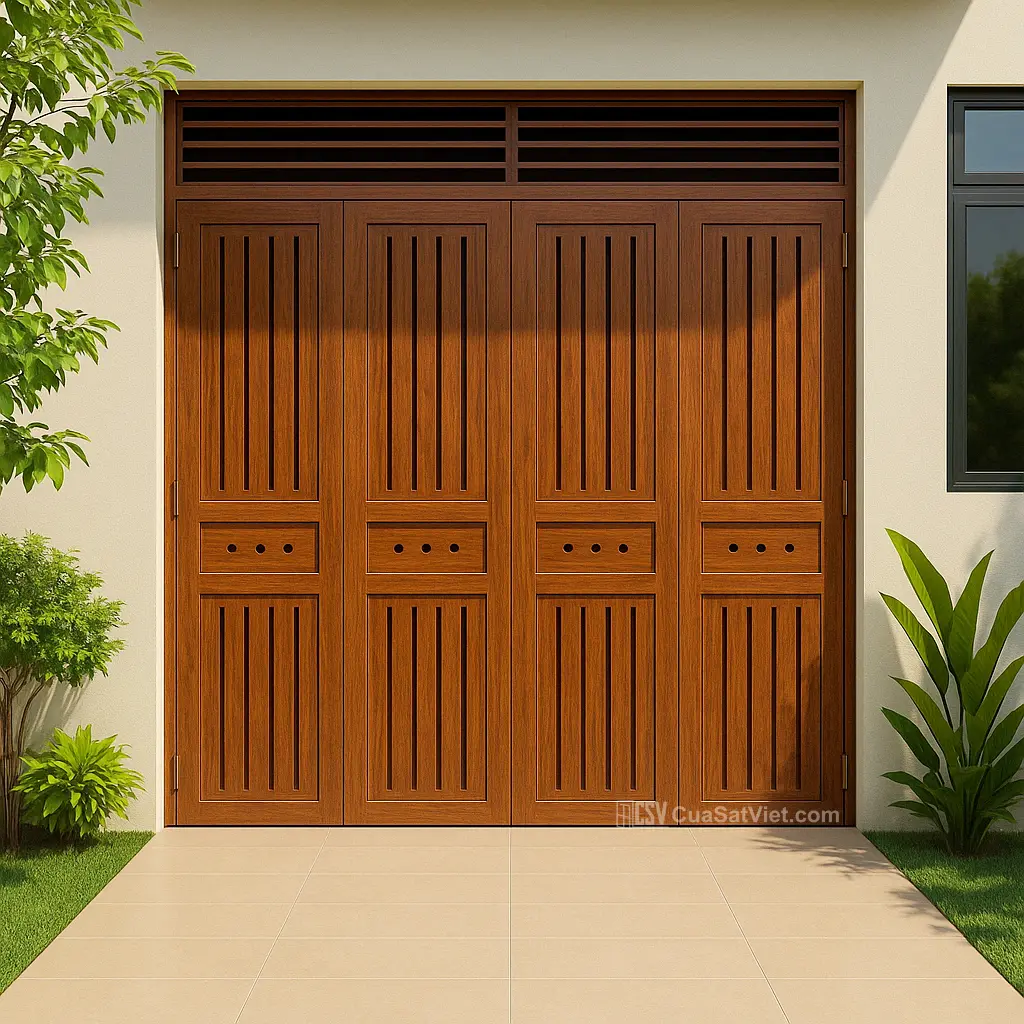 Thiết kế cửa sắt 4 cánh giả gỗ có kính giúp lấy sáng tốt và tạo độ thông thoáng