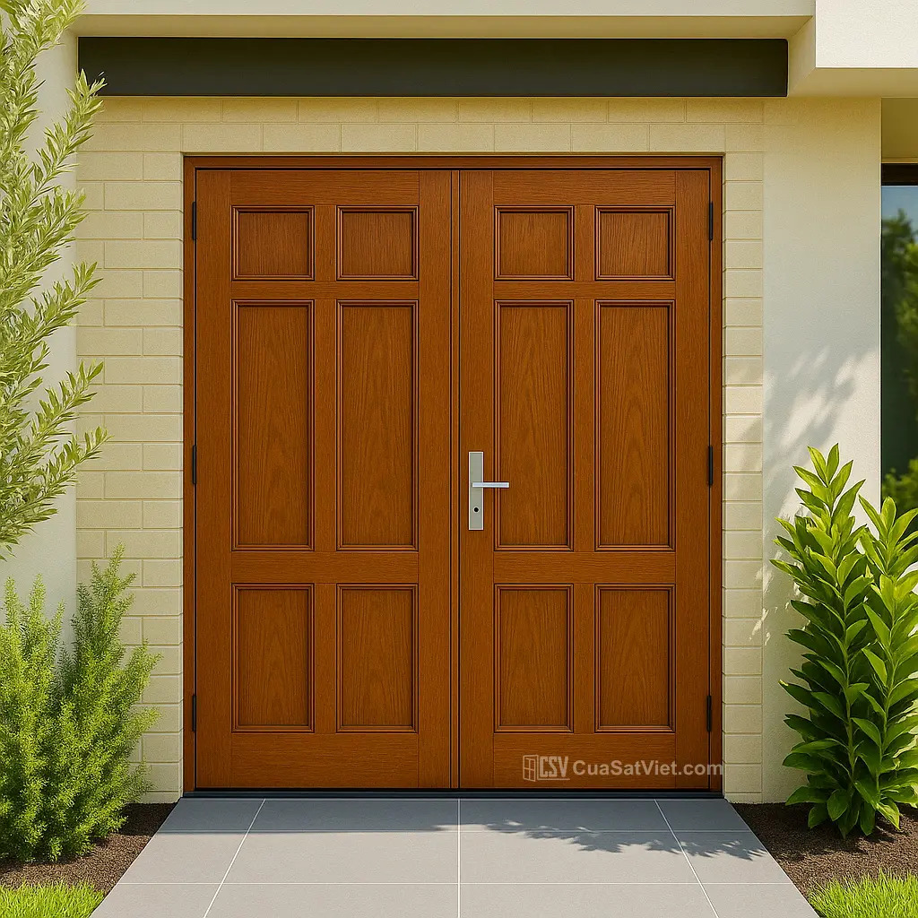 Chi tiết mẫu cửa cổng sắt giả gỗ sơn tĩnh điện thể hiện sự tinh tế trong thiết kế
