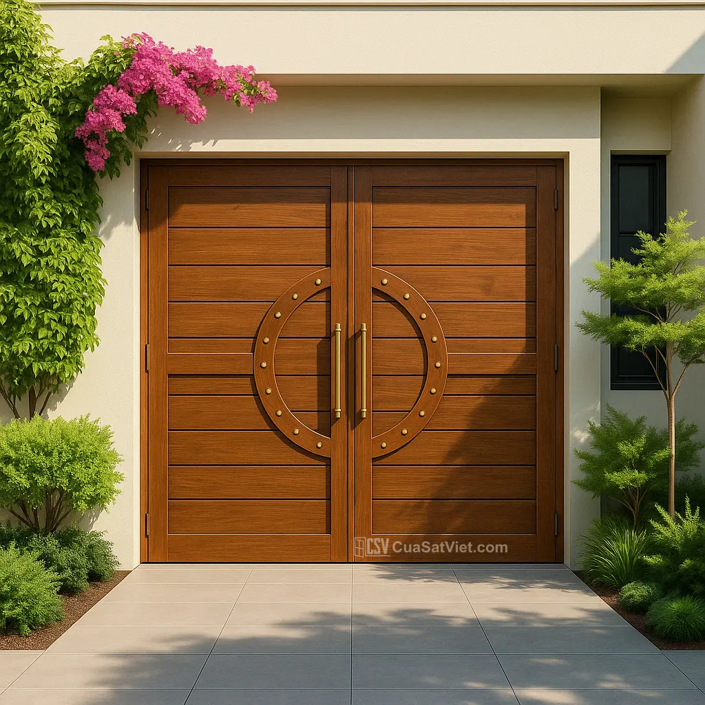 Đường cong mềm mại từ cửa sắt 4 cánh giả gỗ bo tròn góc an toàn khi dùng