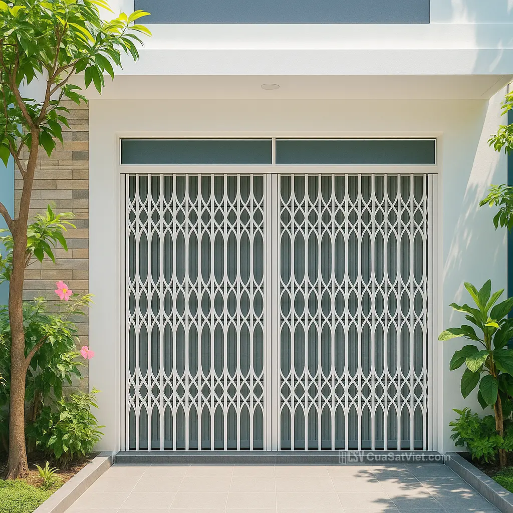 Mẫu cửa kéo sắt 2 cánh màu trắng phù hợp phong cách tối giản