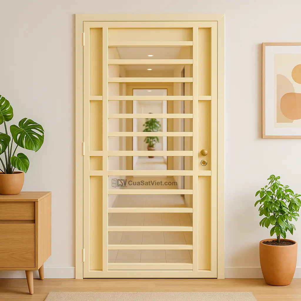 Không gian trở nên nổi bật với cửa sắt 1 cánh ít bám bụi.