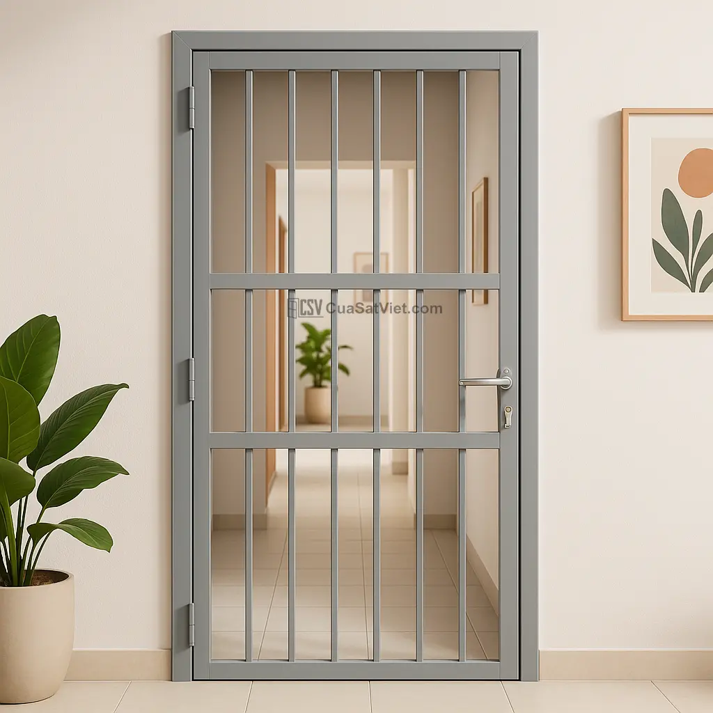 Thiết kế cửa sắt 1 cánh khung tròn giúp tăng tính thẩm mỹ cho không gian.