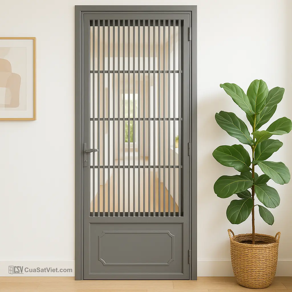 Không gian trở nên nổi bật với cửa sắt 1 cánh phòng ngủ.