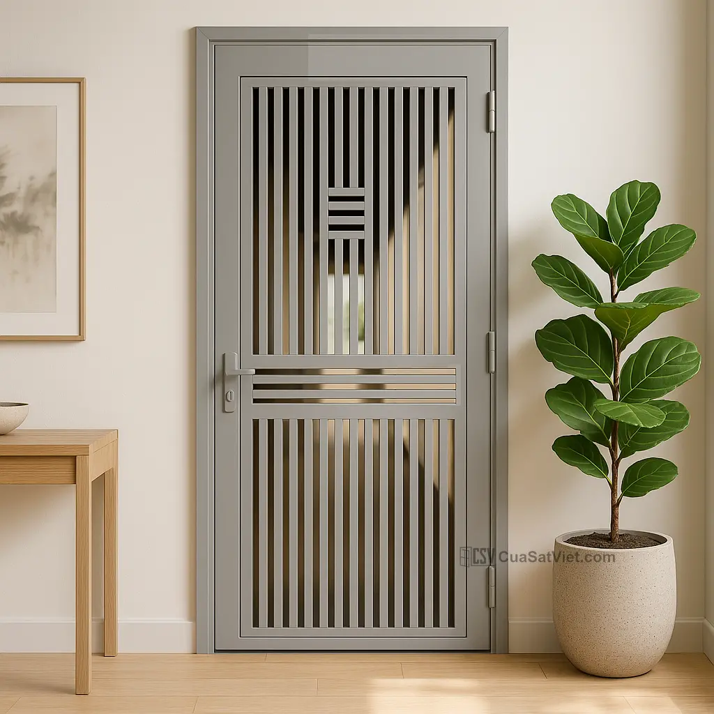 Sự kết hợp hoàn hảo giữa kính và sắt qua mẫu cửa sắt 1 cánh tô điểm mặt tiền.