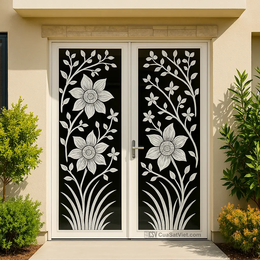 Sự kết hợp hoàn hảo giữa kính và sắt qua mẫu cửa sắt 2 cánh cnc có khe thông gió.