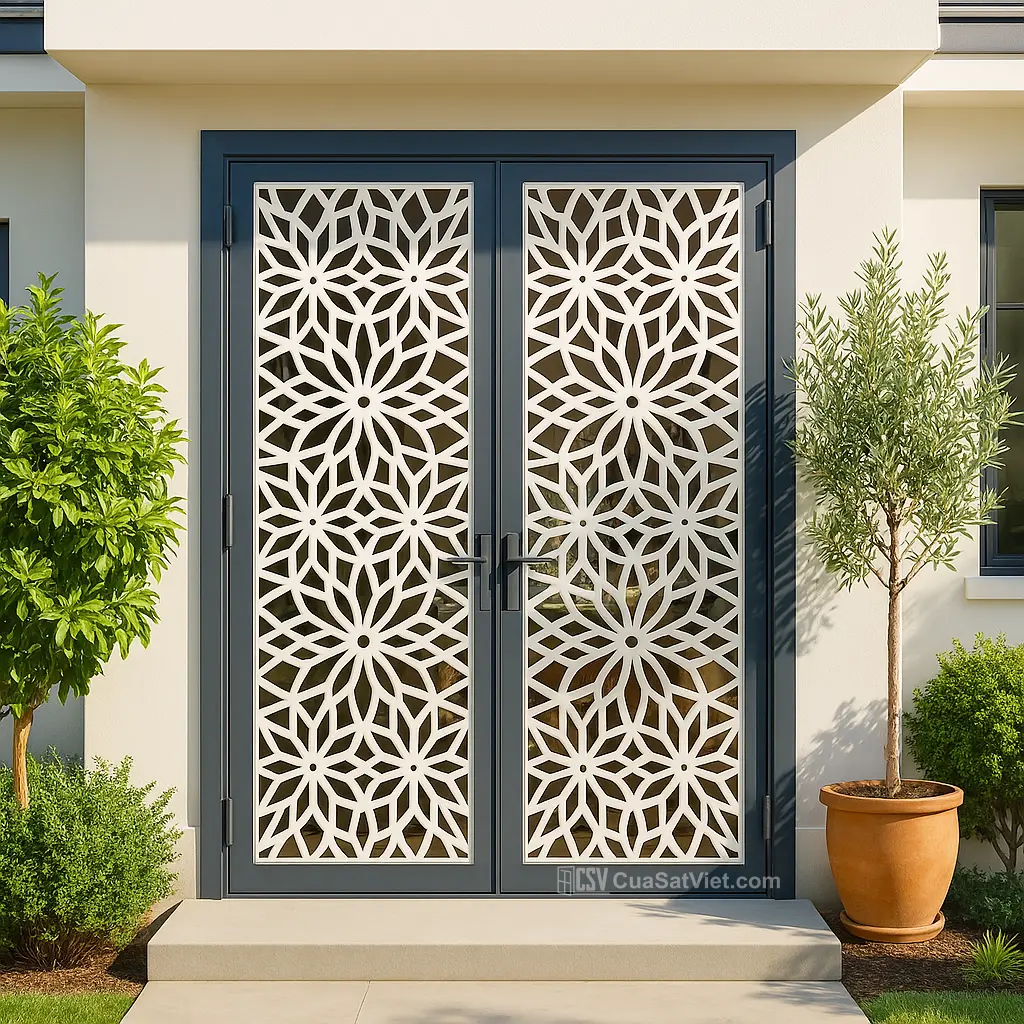 Mẫu cửa sắt 2 cánh cnc có kính cường lực là lựa chọn tối ưu cho ngôi nhà hiện đại.