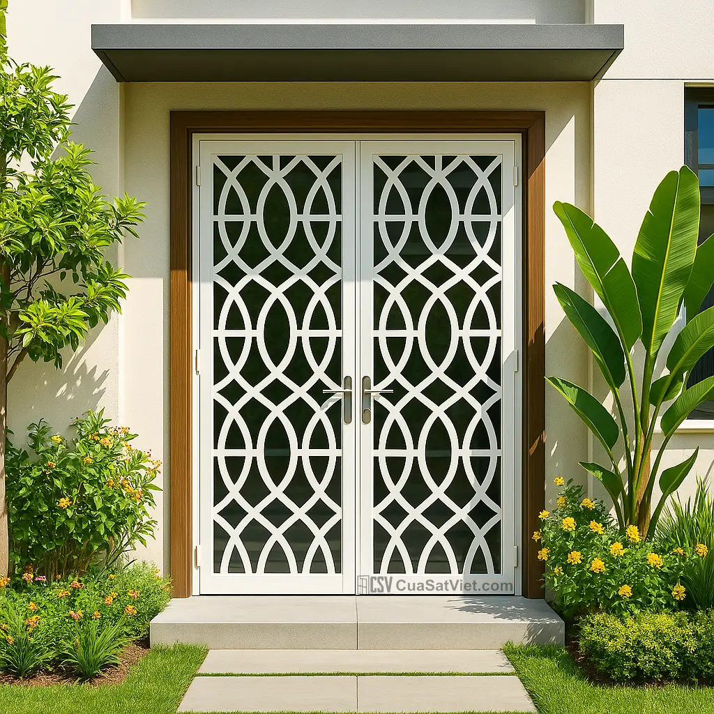 Thiết kế mẫu cửa sắt 2 cánh cnc sắt mạ kẽm giúp tăng tính thẩm mỹ cho không gian.