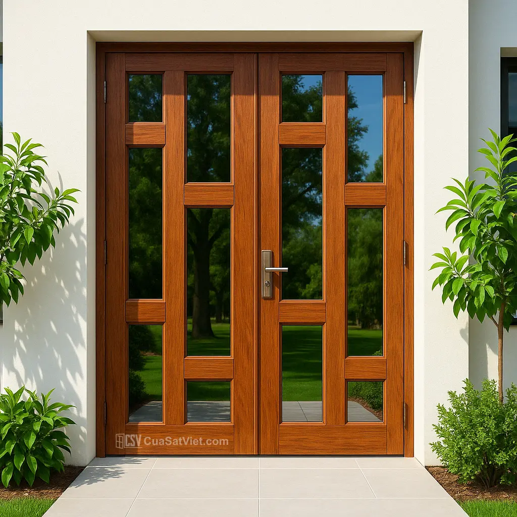 Giải pháp an toàn và tinh tế với mẫu cửa sắt 2 cánh giả gỗ 2 lớp bảo vệ.