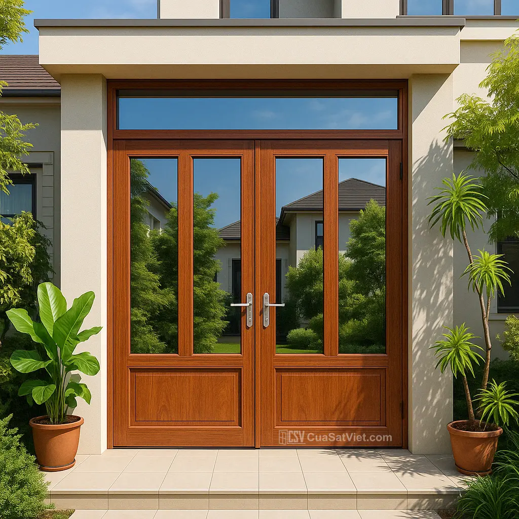 Không gian trở nên nổi bật với mẫu cửa sắt 2 cánh giả gỗ bền đẹp.