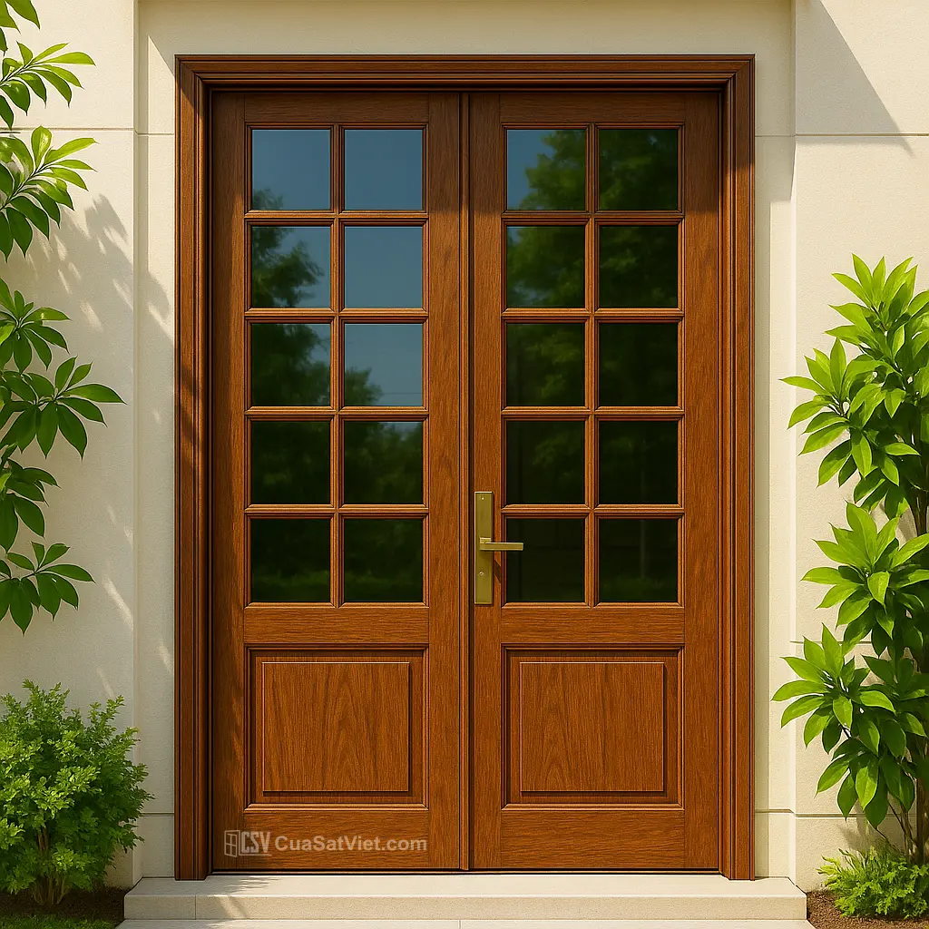 Không gian trở nên nổi bật với mẫu cửa sắt 2 cánh giả gỗ cho biệt thự.