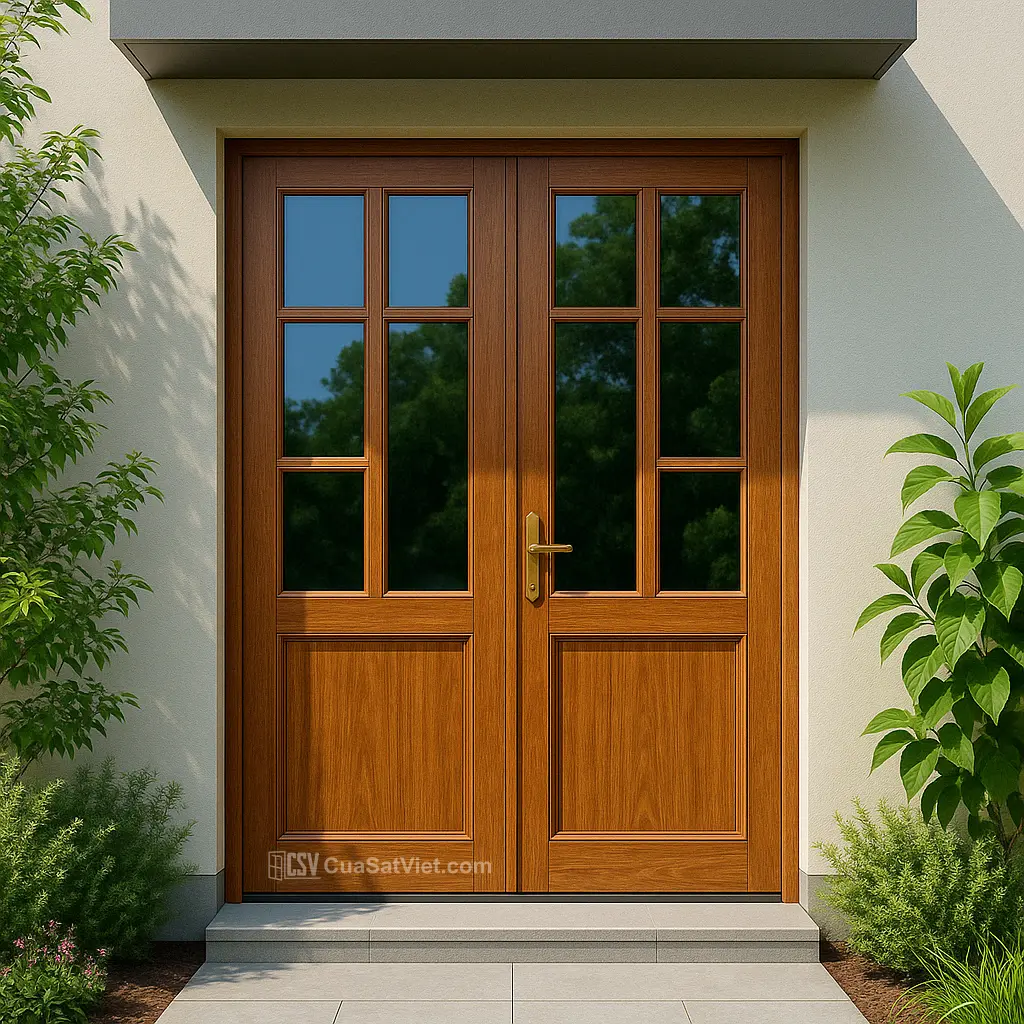 Giải pháp an toàn và tinh tế với mẫu cửa sắt 2 cánh giả gỗ cho nhà phố.