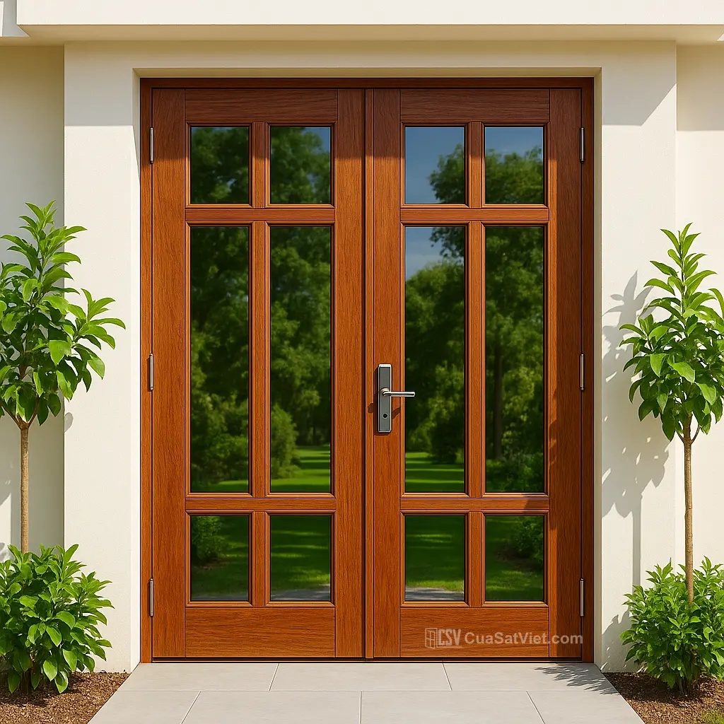 Sự kết hợp hoàn hảo giữa kiểu dáng và chất liệu qua mẫu cửa sắt 2 cánh giả gỗ chống trộm.