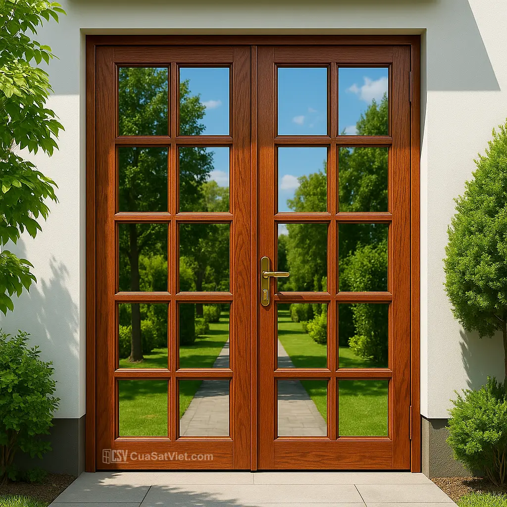 Thiết kế mẫu cửa sắt 2 cánh giả gỗ cổ điển giúp tăng tính thẩm mỹ cho không gian.