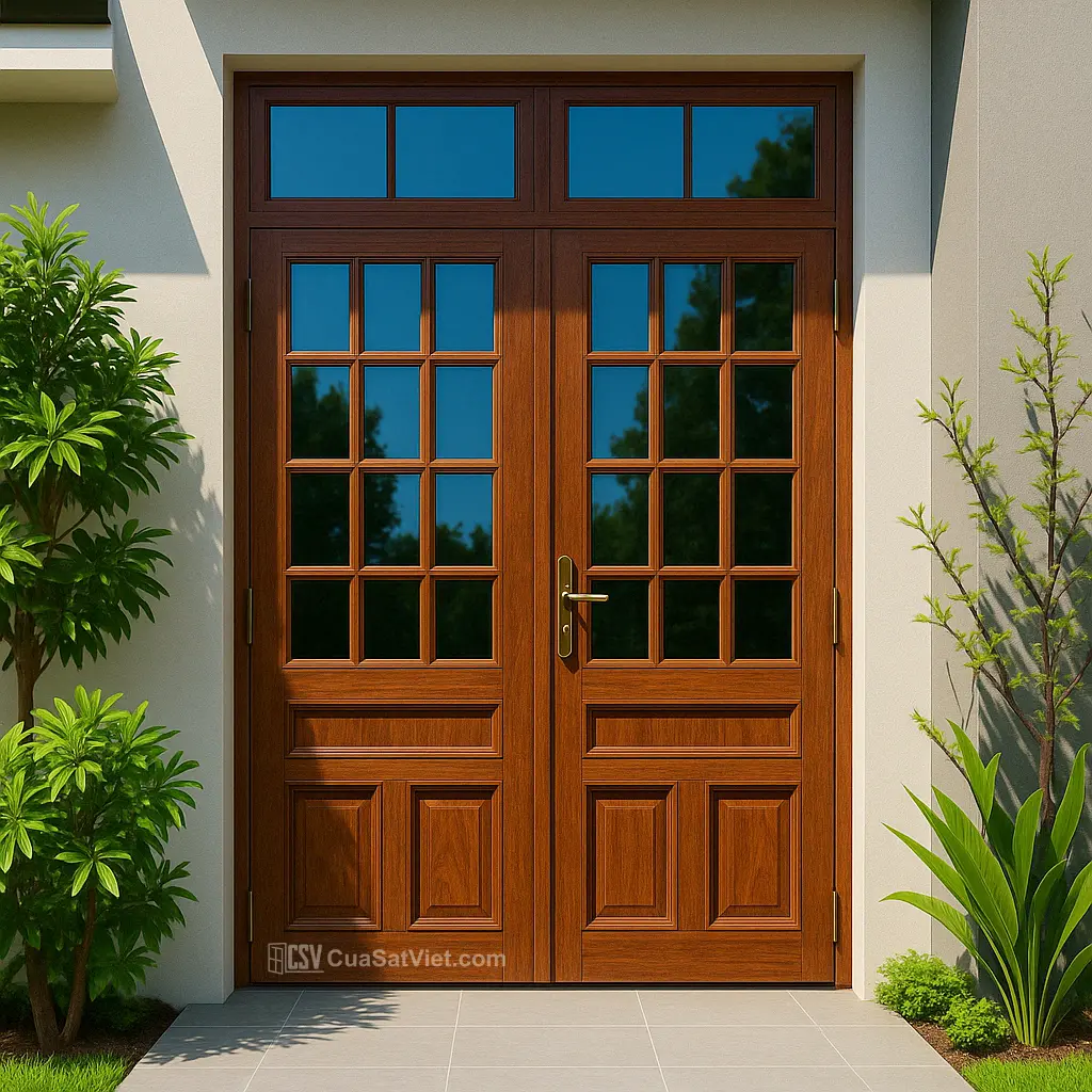 Không gian trở nên nổi bật với mẫu cửa sắt 2 cánh giả gỗ dễ thi công.