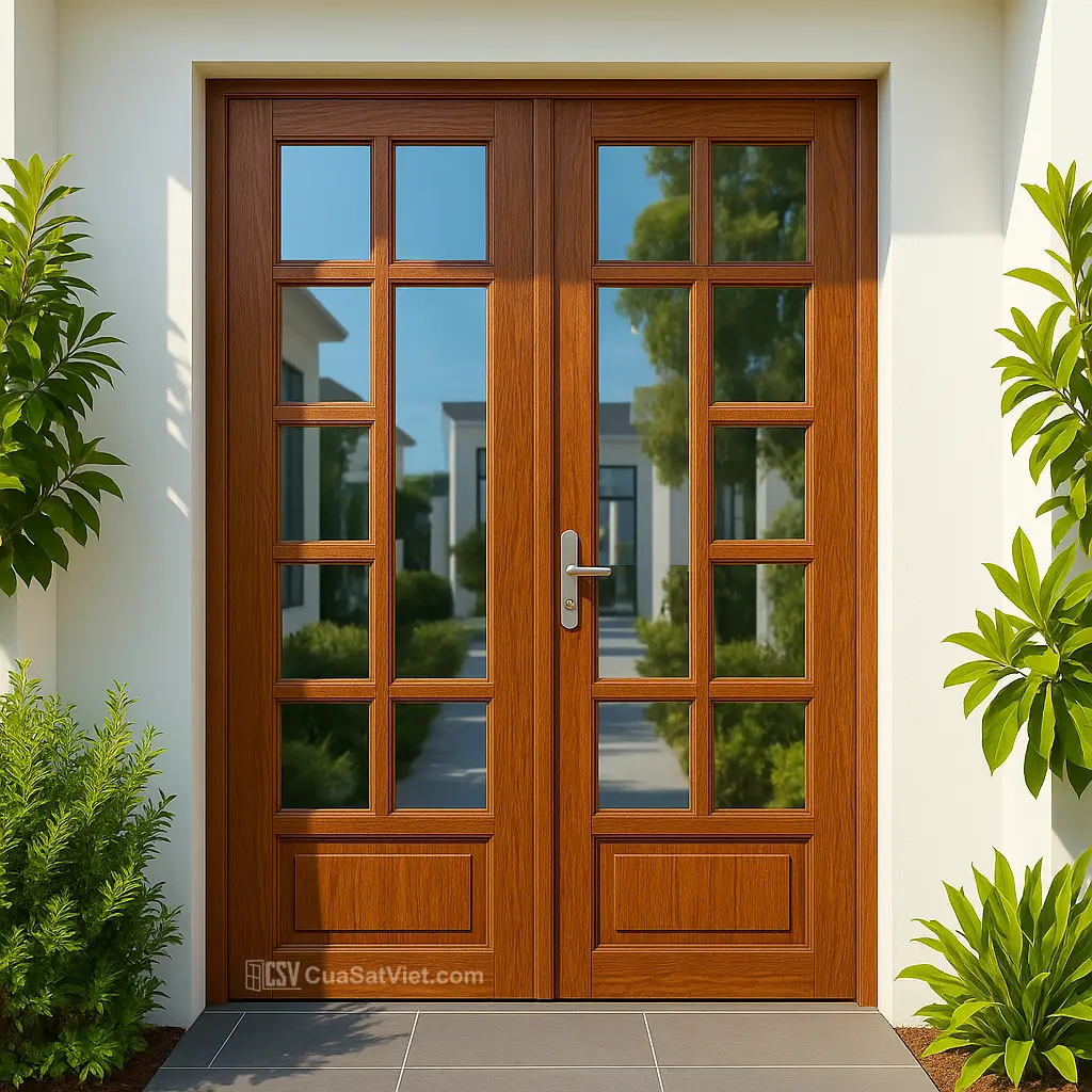 Không gian trở nên nổi bật với mẫu cửa sắt 2 cánh giả gỗ dễ vệ sinh.