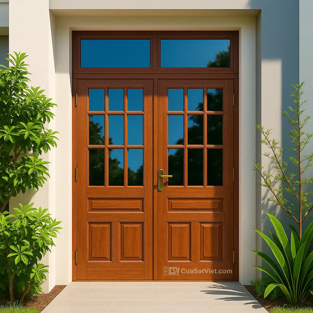 Mẫu cửa sắt 2 cánh giả gỗ gỗ tự nhiên là lựa chọn tối ưu cho ngôi nhà hiện đại.