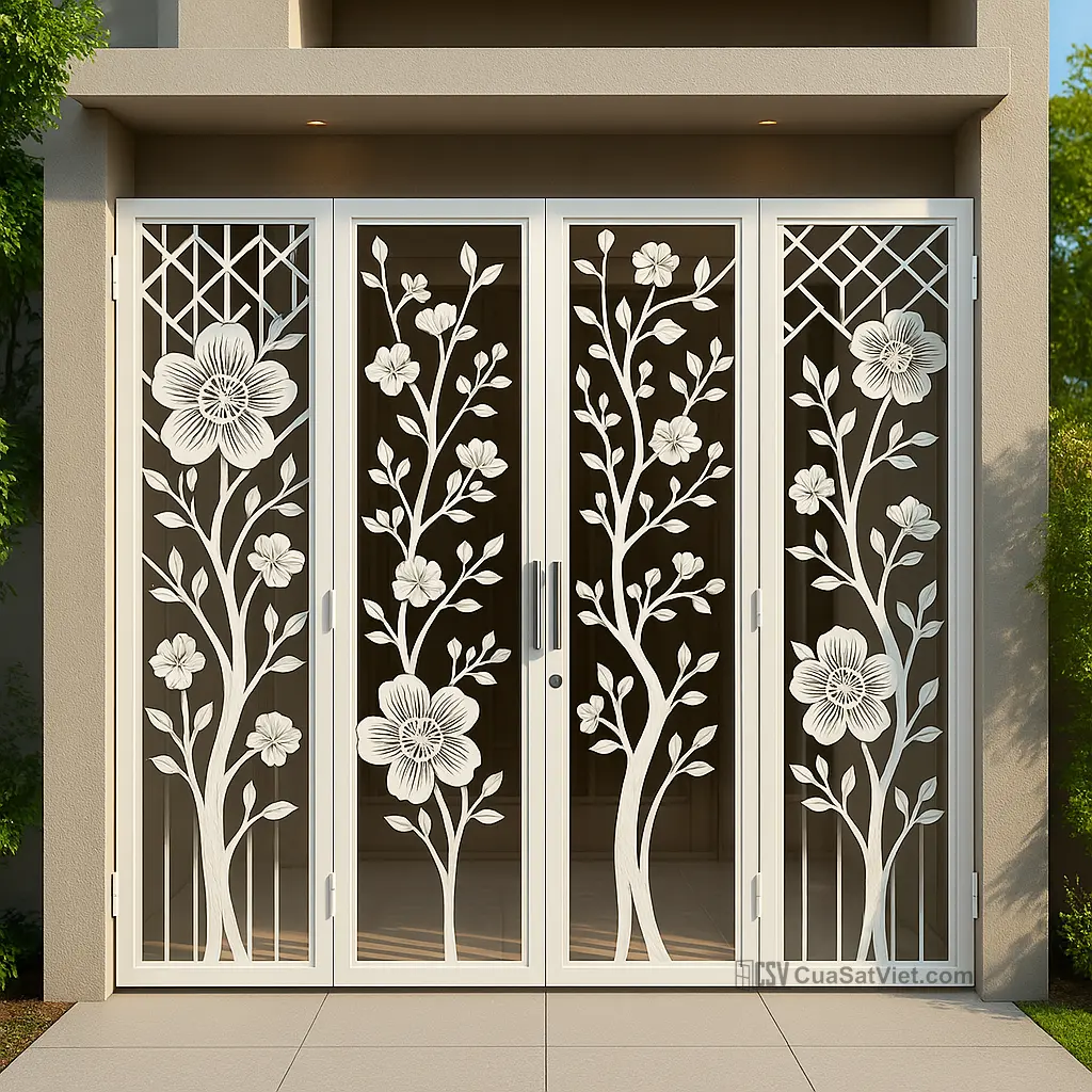 Sự kết hợp hoàn hảo giữa kính và sắt qua mẫu cửa sắt 4 cánh cnc cánh mở vào.