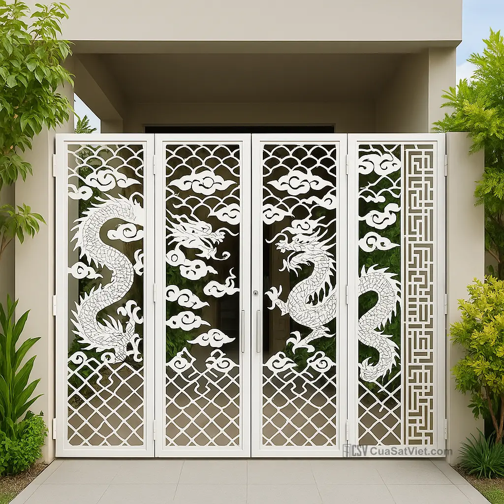 Không gian trở nên nổi bật với mẫu cửa sắt 4 cánh cnc kính 2 lớp.
