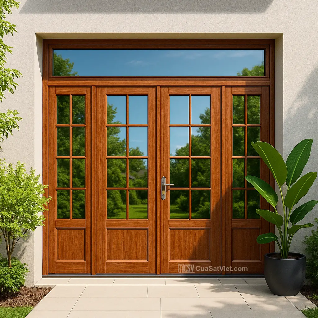 Tăng cường an ninh nhờ cửa sắt 4 cánh giả gỗ 2 lớp dày dặn và chắc chắn