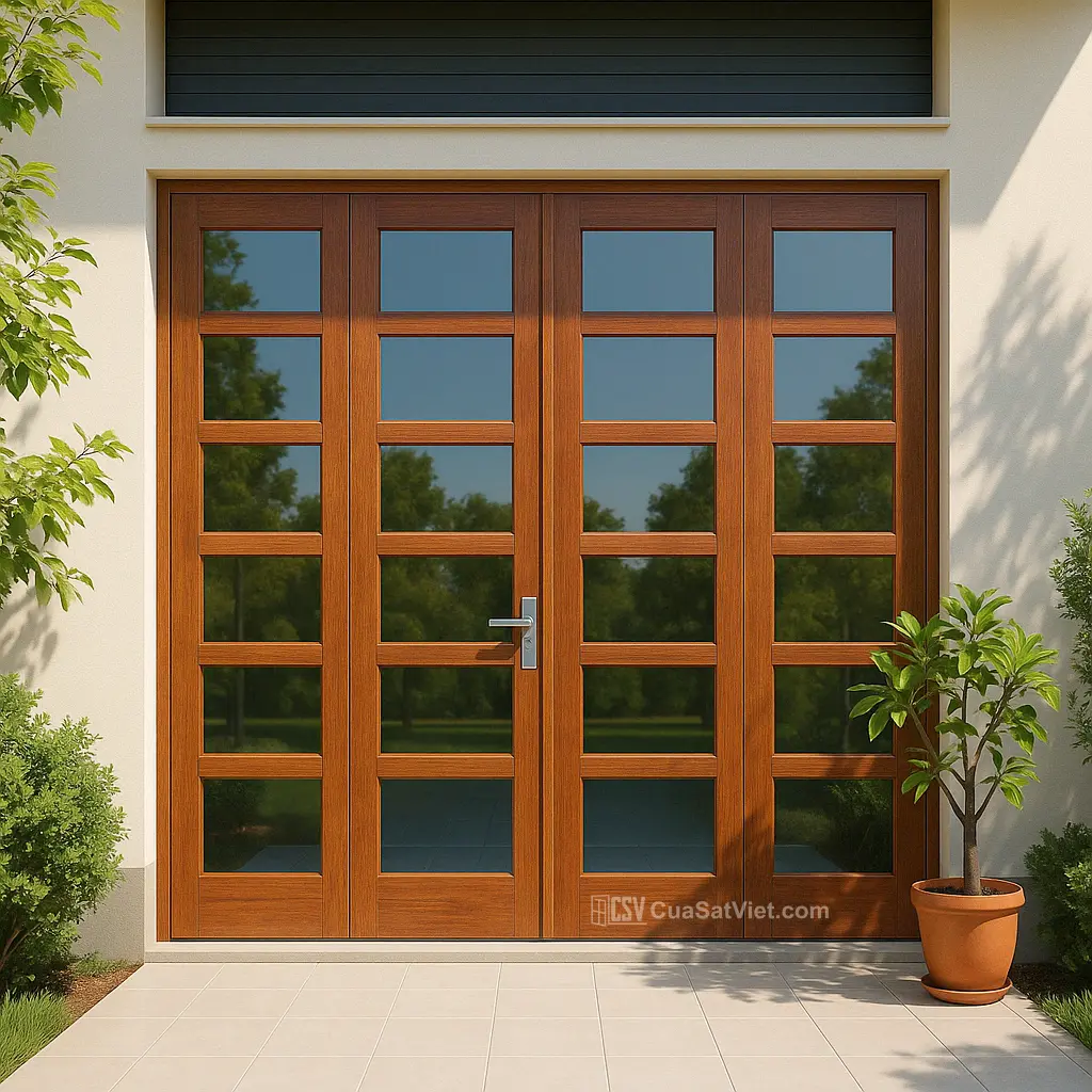 Cửa sắt 4 cánh giả gỗ mở trượt phù hợp những không gian hẹp cần tiết kiệm diện tích