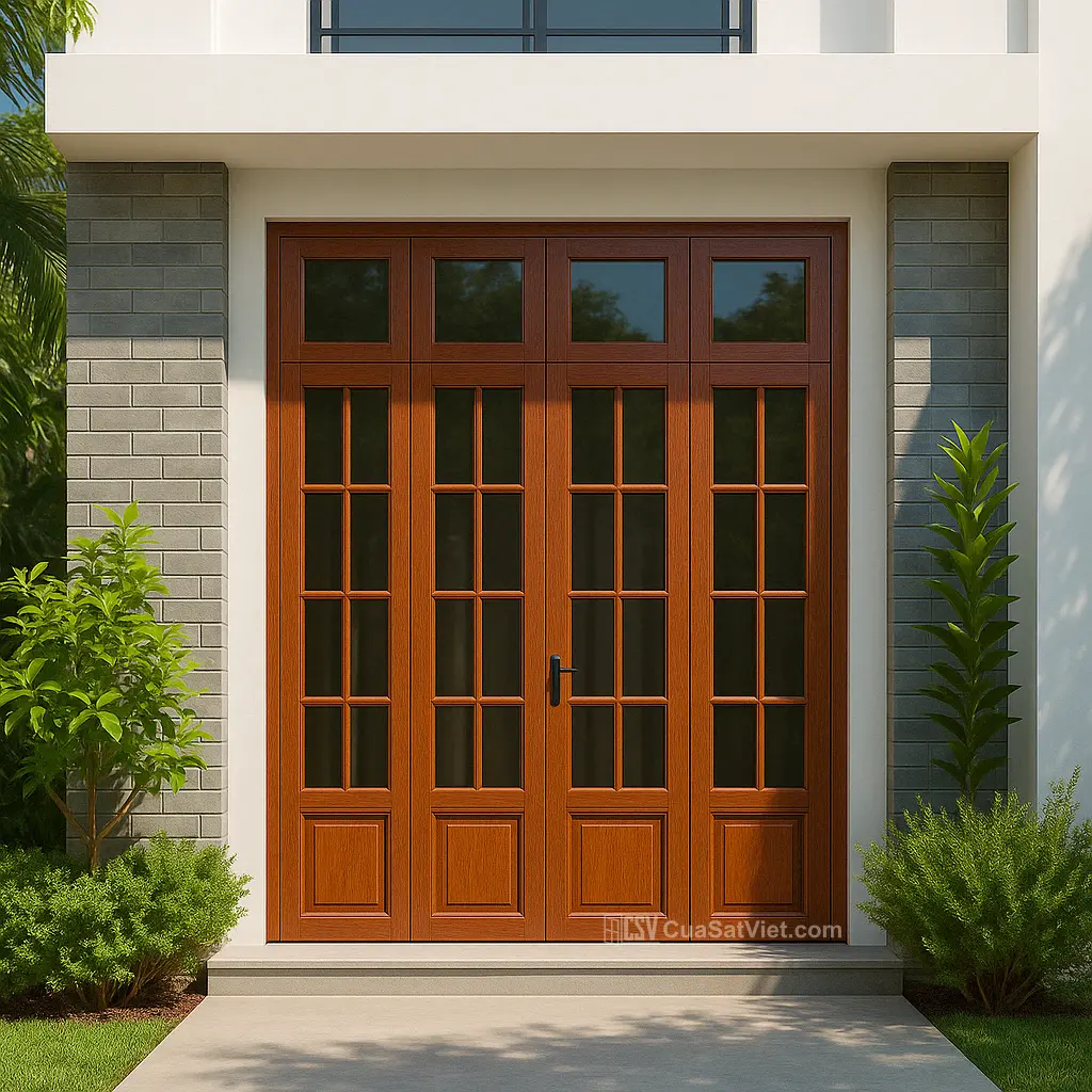 Kiểu mở quay của cửa sắt 4 cánh giả gỗ giúp tiện dụng và chắc chắn hơn