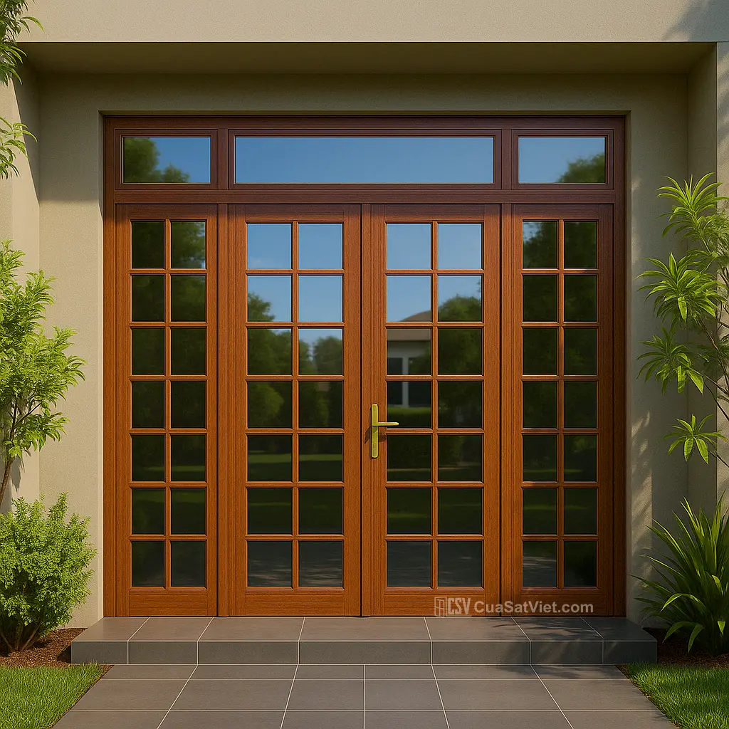Thiết kế cửa sắt 4 cánh giả gỗ cho nhà cấp 4 đơn giản, thân thiện, dễ dùng