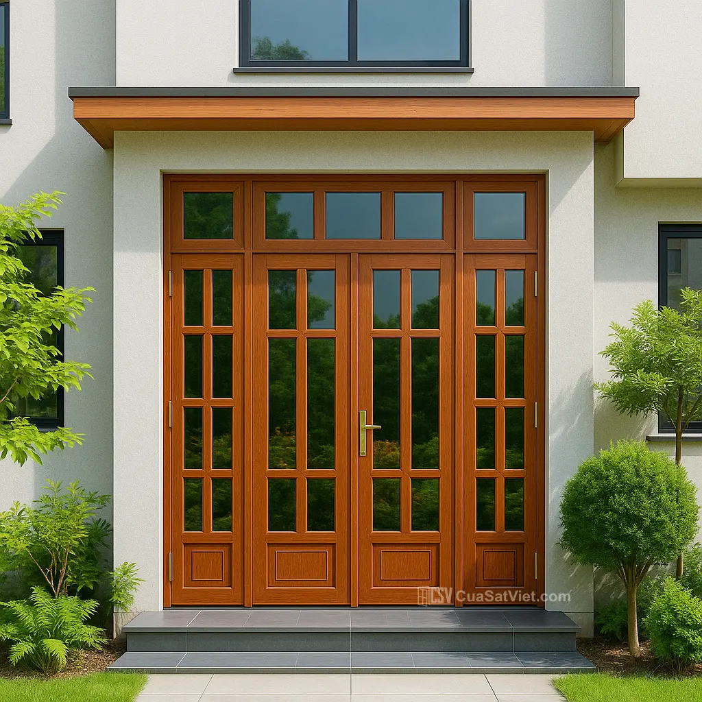 Cửa sắt 4 cánh giả gỗ cho mặt tiền giúp mặt ngoài căn nhà thêm ấn tượng