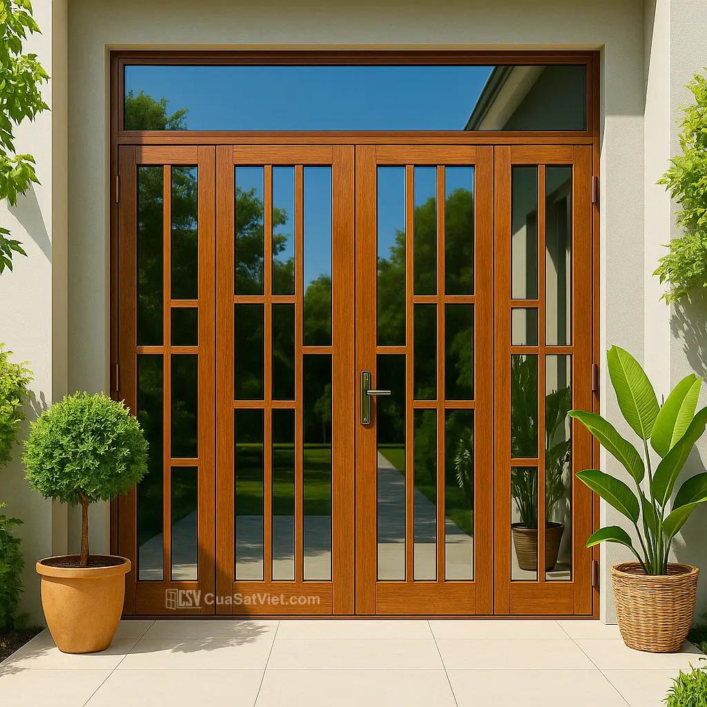 Thiết kế cửa sắt 4 cánh giả gỗ biệt thự nhấn mạnh sự bề thế và an toàn