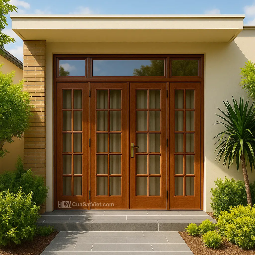 Cửa sắt 4 cánh giả gỗ cho nhà phố giúp tối ưu diện tích và tăng ánh sáng